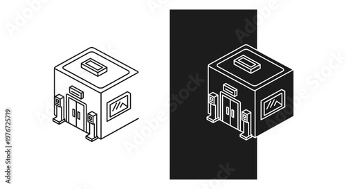 Isometric building vector icon, minimalist store front architectural line art, black and white retail shop exterior design elements