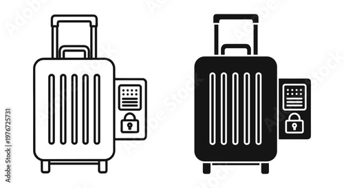 Smart luggage icons with digital lock system, travel suitcase vector set with security keypad, modern baggage with electronic protection