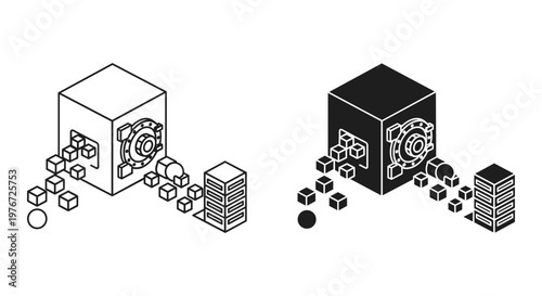 Isometric blockchain data cube vector, decentralized network server icons, black and white digital infrastructure technology elements