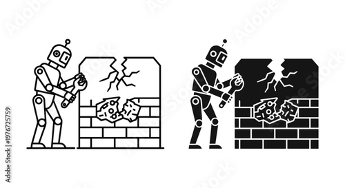 Industrial robot repairing a cracked wall with a wrench, automation and maintenance concept vector, robotic worker fixing brick structure