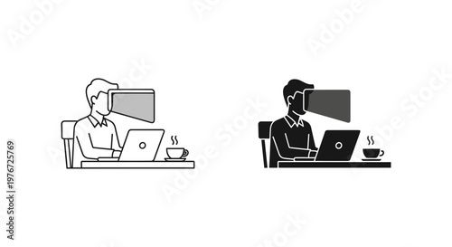 Virtual reality office worker icon set, man wearing VR headset using laptop computer, immersive digital workspace vector illustration