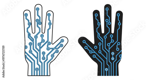 Futuristic digital hand with circuit board patterns, cybernetic human palm vector, high-tech electronic motherboard hand icons for artificial intelligence