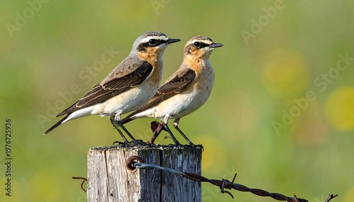 Two small brown birds on a wooden fence post