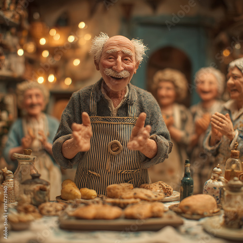 Warm bakery scene with smiling. Clapping hands show joy and pride in his craft. Golden lights glow behind him, enhancing cozy atmosphere. Platter of fresh bread and pastries sits invitingly before him