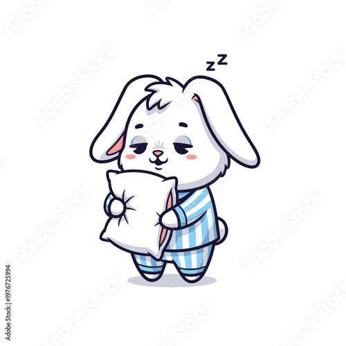 Cute sleepy bunny in pajamas holding a pillow.