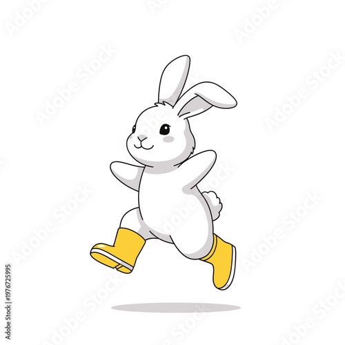 Cute white bunny rabbit wearing yellow boots jumping happily.
