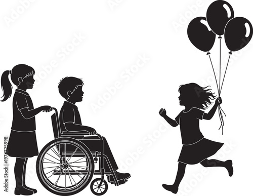Black silhouette of a girl pushing a boy in a wheelchair while another young girl runs toward them holding three balloons on strings.