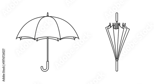 Simple line drawing depicting an open and closed umbrella side by side
