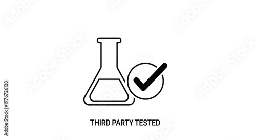 A black and white icon depicting a flask and a checkmark symbol