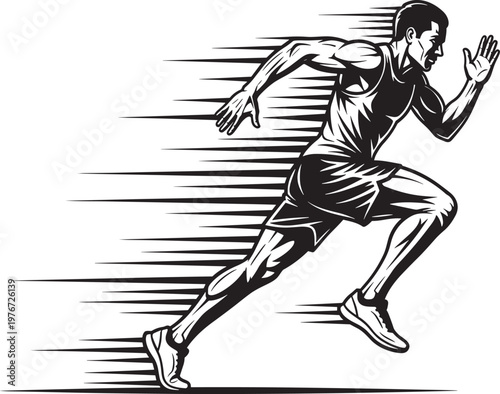 Dynamic black and white vector illustration of a male athlete sprinting fast with motion lines representing speed power energy and athletic performance