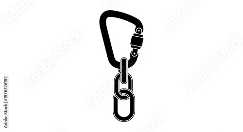 Black and white illustration of a carabiner connected to metal chains