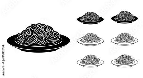 Black and white illustration of spaghetti served on various plates