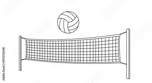 A simple line drawing depicts a volleyball above a net