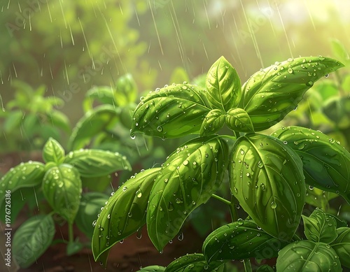 Vibrant green plant with raindrops on leaves in a lush setting