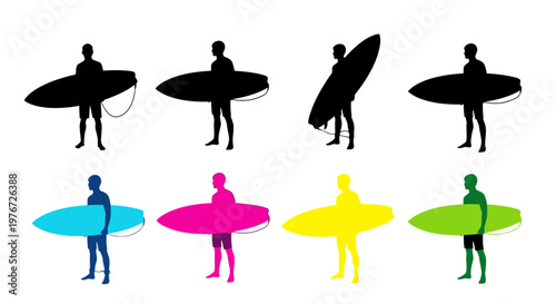 Colorful silhouettes of surfers carrying surfboards on a white background