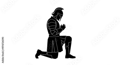 A kneeling knight in silhouette head bowed in a moment of reflection
