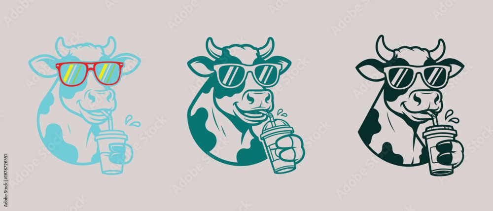 Obraz premium Cool cartoon cow with sunglasses in monochrome line art vector illustration