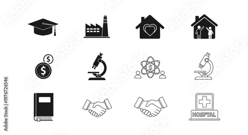 Black silhouette icons representing education industry home and healthcare