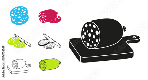 Various types of sausage salami and cutting boards in a line art style