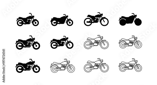 Collection of motorcycle icons in various styles and perspectives