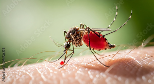 Close-up of a mosquito feeding on human skin