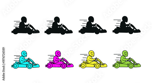 Four colorful kart icons depicting racing vehicles in varying hues
