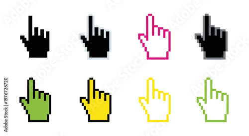Pixelated computer cursor hand icons in various colors and orientations