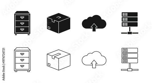 Icons depicting file storage boxes cloud upload and server racks