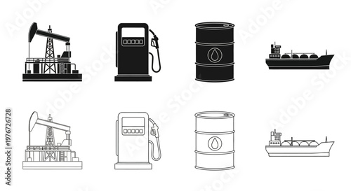 Black and white line icons depicting oil industry equipment and transportation