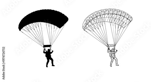 Two illustrations of a skydiver with an open parachute one solid black one detailed