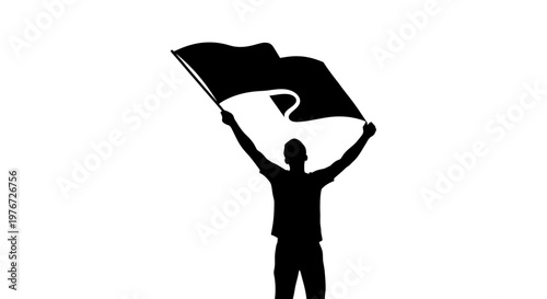 Silhouette of a person triumphantly waving a black flag against a white background