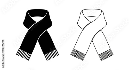 Two scarves one black and one white depicted in a simple line art style