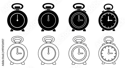 Collection of vintage alarm clocks in black and white illustrations