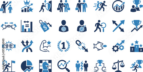 Business strategy icon set, leadership tools, growth concept, teamwork symbols, success metrics, decision-making graphic, competitive edge, data analysis, achievement design