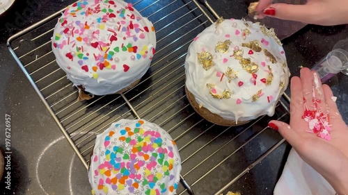 Easter cake decorating top view, traditional paska cakes for Orthodox Easter