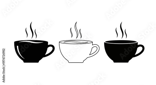 Three cups of hot beverage with rising steam black and white illustration