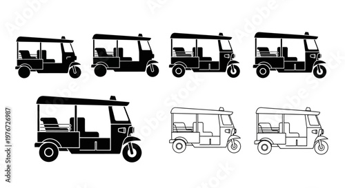 Black and white illustrations of various auto rickshaw designs and perspectives