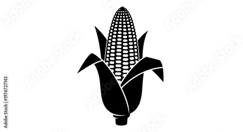 Black silhouette of an ear of corn with husk and leaves on white background symbolizing agriculture and harvest