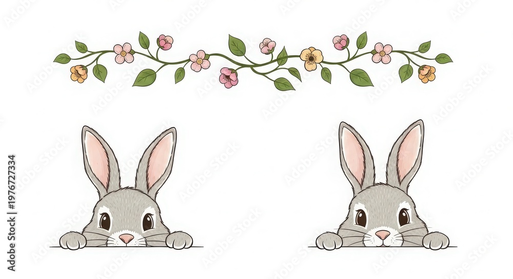 Fototapeta premium Cute cartoon rabbits with floral garland on white background