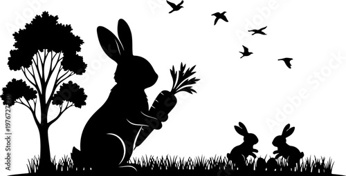 Silhouette cute rabbit with carrot
