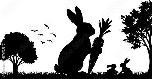 Silhouette cute rabbit with carrot