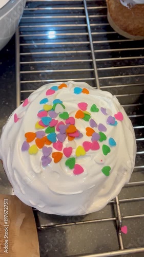 Easter cake decorating top view, traditional paska cakes for Orthodox Easter