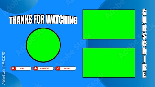 Blue End Screen Graphic Displaying Green Placeholder Panels and Circular Frame