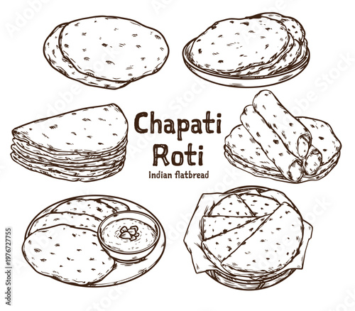Set of hand drawn Indian flatbread Chapati Roti outline drawing illustration
