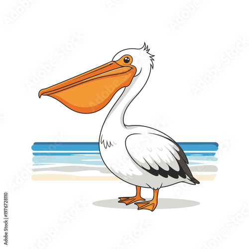 Cute cartoon white pelican standing on the beach.