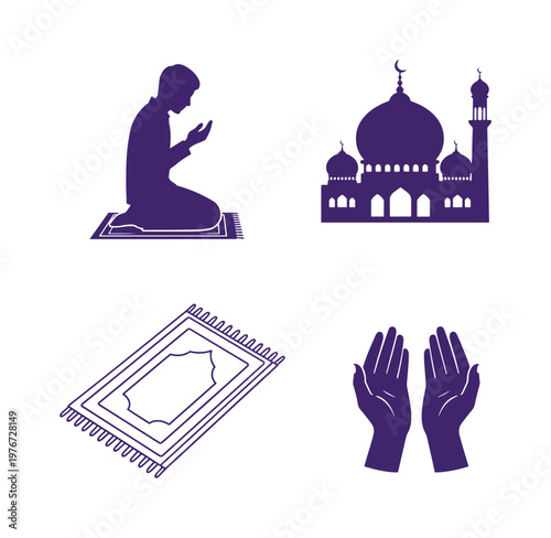 Islamic prayer icons with mosque and man praying on mat isolated on white background