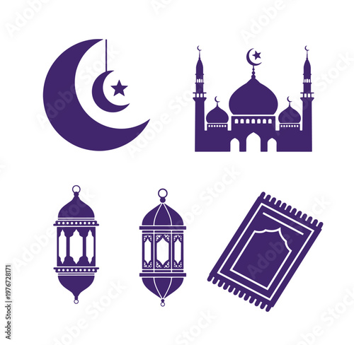 Islamic Ramadan symbols and mosque architecture in purple on white background