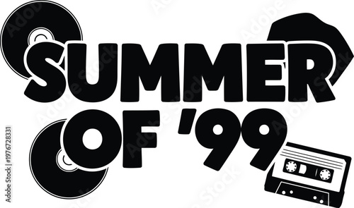 Summer of '99 text with vinyl records and cassette tape