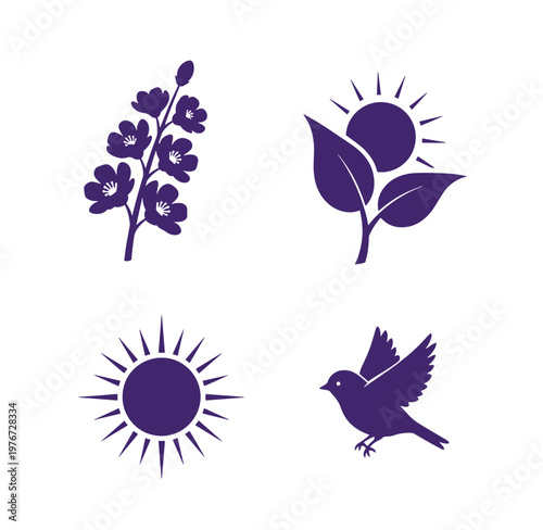 Purple icons of flowers sun and bird on white background