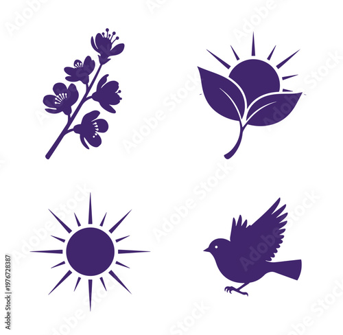 purple icons of flowers sun bird and leaves on white background